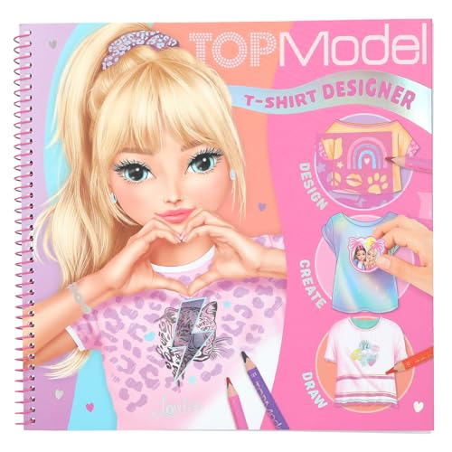 Depesche 13585 TOPModel T-Shirt Designer - Malbuch Set mit 60 vorgedruckten Seiten zum Gestalten von T-Shirts, inkl. 2 Stickerbogen, Schablone und Malvorlagen