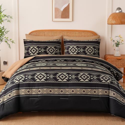 Anibedding Western King Size Comforter Set, 7 Pieces Black Brown Bedding Set for All Seasons, Soft Boho Farmhouse Bed in a Bag with Comforter, Sheets, Pillowcases & Shams