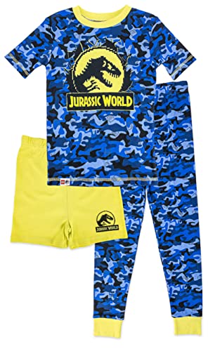 LEGO Jurassic World Boys Dinosaur Pajamas, 3pc Cotton PJs for Kids, with Pajama Shorts for All Year Wear, Blue Size 6