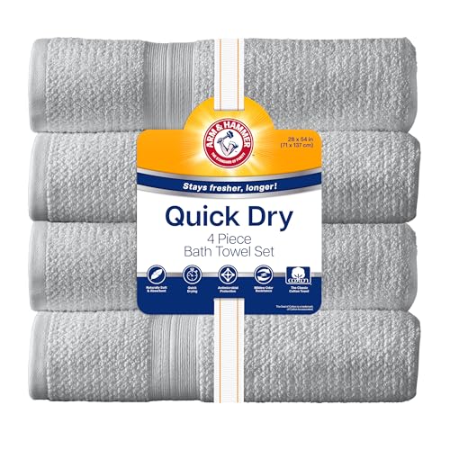 ARM & HAMMER Quick Dry Bath Towels, 4 Piece, Light Grey