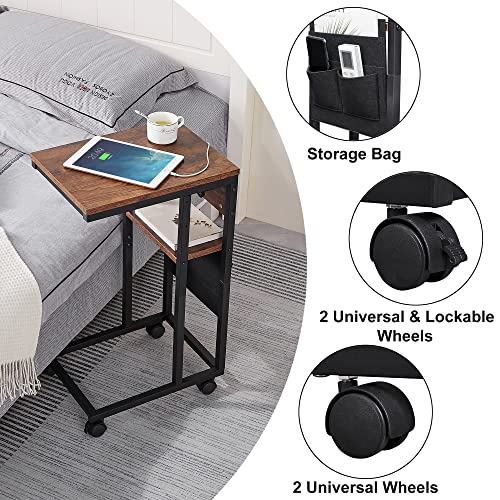 Yilfana C Shaped End Table With Charging Station, C Shaped Side Table With Storage And Lockable Wheels, C Table With Usb Ports & Power Outlets, For Living Room, Bedroom, Brown #TOP4