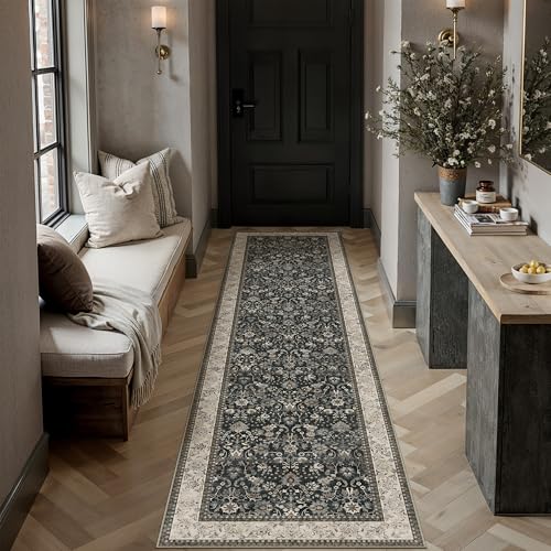 HUGEAR 2x6 Runner Rug Machine Washable Black Beige Hallway Area Rugs Indoor Accent Rugs Floral Low Pile Carpet Distressed Throw Rugs Bedroom Living Ro