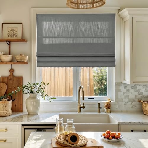 Image of TWOPAGES Isabella No Drill Cordless Roman Shade Linen Textured Cotton Roman Blind for Windows, Custom Made Room Darkening Blackout Roman Window Shade, Hardware Included, Dark Gray, 1 Piece