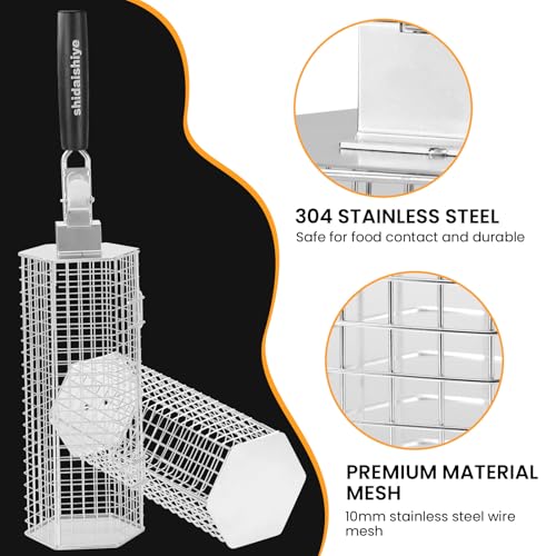 Rollendes Grillkorb Set,Grill Zubehör mit Abnehmbarem Holzgriff,Edelstahl-Nesting-Grillnetz, Outdoor Küche Grill Zubehör für Gemüse, Fleisch und Meeresfrüchte am Außengril, Geschenke für Männer(2 PCS)