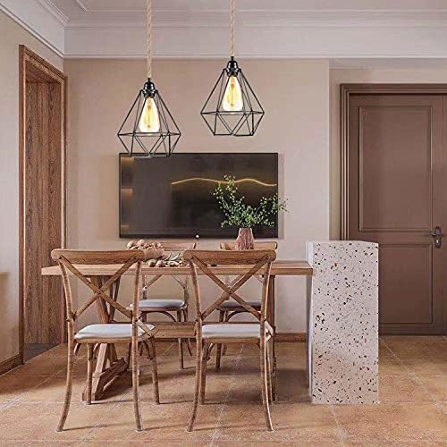 DIY Industrial Black UK Plug in Pendant Light with Switch - Vintage Farmhouse 15ft Hanging Lamp Kit Hemp Rope Light Cord Metal Cage Diamond Lampshade Ceiling Lighting Fixtures for Home & Kitchen