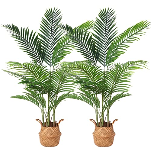 Ferrgoal Artificial Areca Palm Plants 4.5Ft Fake Dypsis Lutescens Tree With 15 Trunks In Pot And Woven Seagrass Belly Basket Perfect Faux Plant For Home Indoor Outdoor Office Modern Decor Green 2Pc #TOP15