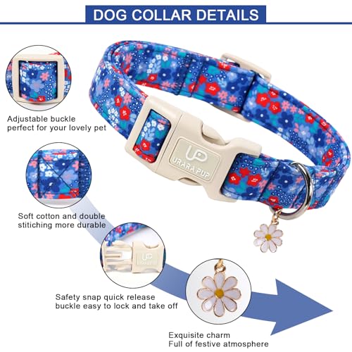 Image of Blue Floral Dog Collar, Summer Spring Adjustable Cotton Floral Collar with Daisy Charm Pendant, Quick Release Buckle, Soft Wildflowers Puppy Collar for Small Medium Large Dogs