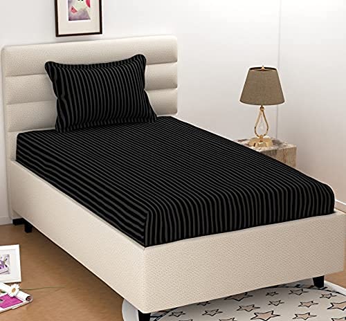Image of 300 TC Glace Cotton Plain Stripe Queen Size Single Bedsheet with 1 Pillow Cover for Home, Hotel, Guest Room (60 X 90) Inch Black Pack 1