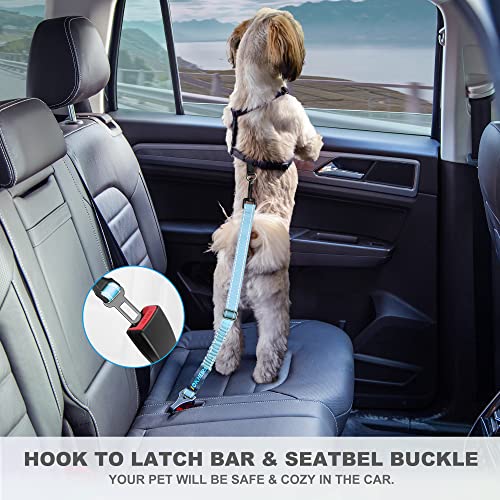 Image of Dog Seat Belt 3-in-1 Car Harness for Dogs Adjustable Safety Seatbelt for Car Nylon Reflective Bungee Fabric Dog Car Harness with Clip Hook Latch & Buckle, Swivel Zinc Alloy Carabiner (Light Blue)