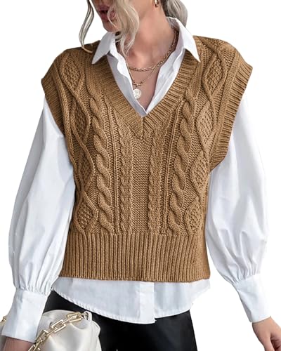 Cropped Sweater Vest Women V-Neck Knit Tank Tops Solid Color Argyle Plaid Preppy Style Sleeveless Crop Knit Vest Khaki M