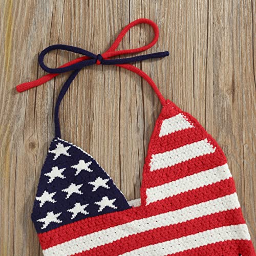 Kids Baby Girl 4Th Of July Outfit American Flag Crochet Knit Sleeveless Halter Fringe Crop Top Ripped Denim Shorts Set (Red, 1-2 Years) #TOP3
