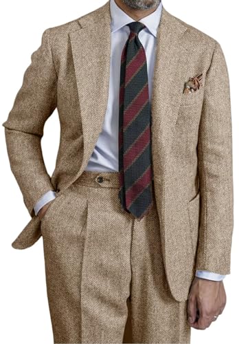 Retro Mens Suit Herringbone Tweed Slim Fit 2 Piece Formal Dress Suits Groomsmen Tuxedos Set Prom Jacket Blazer Pants for Men
