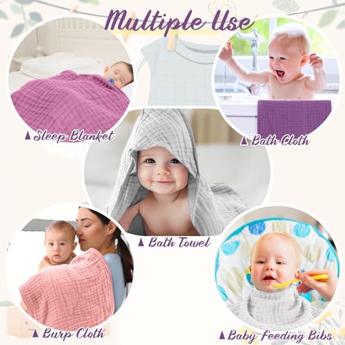 Image of VitalCozy 12 Pcs Baby Muslin Hooded Bath Towels and Washcloths, Muslin Hooded Baby Towels Absorbent Blankets for Gift Newborn Infant Shower (Pink Purple Series)