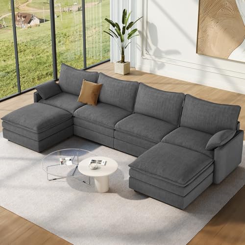 Image of Vesgantti 142 inch U Shaped Sectional Couch, Comfy Cloud Modular Sectional Sofa with 2 Ottoman Deep Seat Chenille Modern Cloud Sofa, Modular Sofas for Living Room, Bedroom and Apartment, Gray