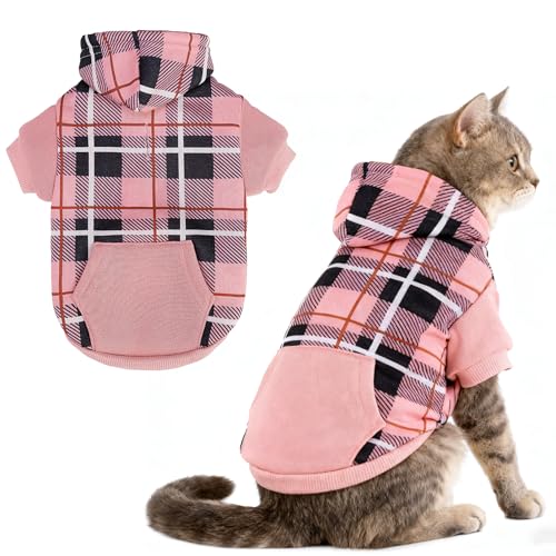 EXPAWLORER Plaid Cat Hoodie - British Style Warm Cat Sweater Shirt with Leash Hole,Pet Clothes Outfits,Winter Coat Apparel for Puppy Cats Girl Boy-Kitten Apparel,Pink S