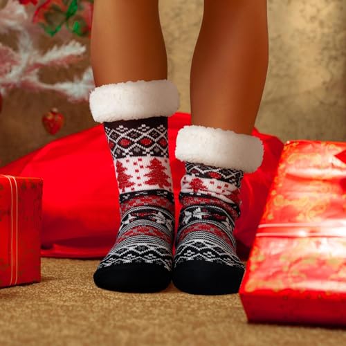 4 Packs Christmas Fuzzy Slipper Socks Xmas Fluffy Sherpa Thermal Socks with Grippers for Women men4