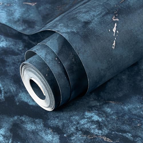 Image of wolpin Non-Woven Wallpaper Non-Adhesive (53 x 950 CM) (Blue Marble Design) | Elegant Blue Marble Design Wallpaper with Silver Highlights | Decorative Wall Covering for Home (54.18 Sq Ft)