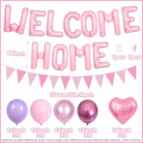 Welcome Home Decorations Pink,Welcome Home Foil Balloon Banner with Pink Heart Balloons Pennant Flag Bunting for Housewarming Baby Shower Family Party Supplies - Image 2