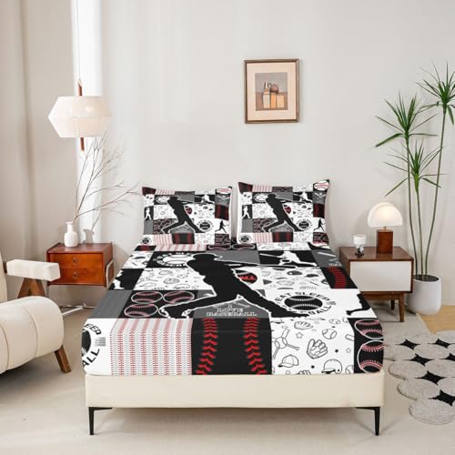 Image of Castle Fairy Baseball Player Fitted Sheet Set Full Size 4 Pcs,Patchwork Baseball Teens Sheets,Sports Geometric Grid Red Grey Bedding Sets (1 Fitted,1 Flat,2 Pillowcases) Luxury Deep Pocket Bed Sheets