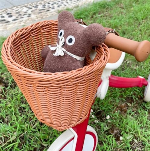 Yeehliny Fahrradkorb Kinder, Fahrradkorb Geflochten für Mädchen und Kinder vorne, Laufradkorb Lenkerkorb Lenkerkörbchen Körbchen für Fahrrad aus Kunststoff, mit Lederriemen (Braun)