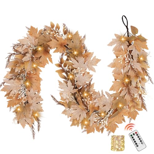 NUTIKAS Neutral Fall Garland with Lights - 6 Ft Lighted Fall Felt Leaves for Mantle Outdoor Decor Light Up Autumn Leaf for Home Fireplace Decorations