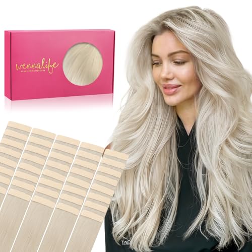 Image of WENNALIFE Tape in Hair Extensions Human Hair, 40pcs 100g 24 inch Platinum Blonde Hair Extensions Real Human Hair Straight Tape in Extensions Invisible Extensions