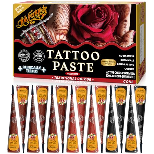 14 Pcs Temporary Tattoo Cone Kit Tattoo Cones 3 Color (4 Black 4 Cherry Red 6 Reddish-Brown) India Body Art Skin Paint Tattoos Paste for Women Men & Teens Perfect for Festivals Party & Gifts
