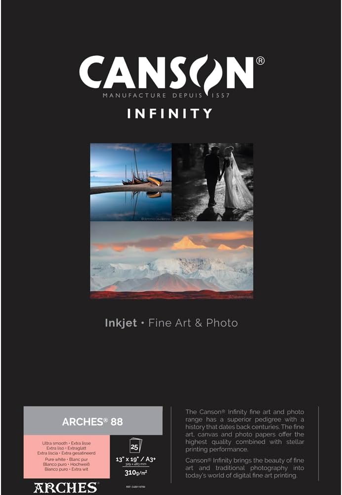 Canson Infinity Arches 88 Ultra Smooth Pure White Matte Inkjet Paper, 310gsm, 13" x 19", 25 Sheets