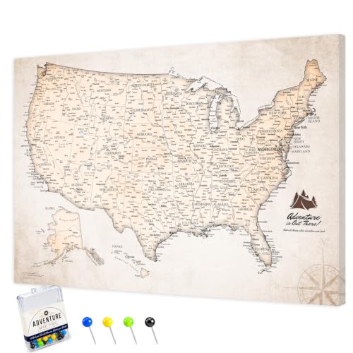 Image of IPIC Vintage US Travel Map with Pins, Push Pin Travel Map USA, Size42x28 in