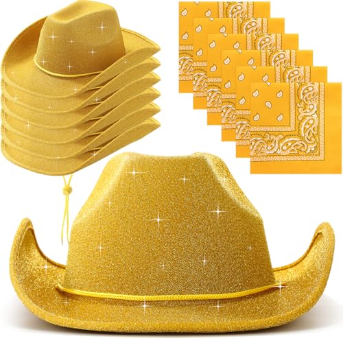 Image of Coume 12 Pcs Sparkly Adults Cowboy Hat and Bandanas Women Men Western Glitter Cowgirl Party Hats with Adjustable Drawstring