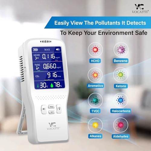 Image of Indoor Air Quality Monitor | TVOC,CO,CO2, HCHO | ≈ 100% Accuracy | 2000mAh Portable Pollution Meter with Temperature & Humidity | Indoor & Outdoor | Type-C Rechargeable | 1 Year Warranty