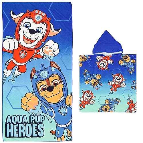 damaloo Toalla de baño de la Patrulla Canina 60 x 120 cm y poncho de baño para niños de 60 x 60 cm, de poliéster, toalla de secado rápido y poncho para bebés con capucha, toalla con capucha para niños