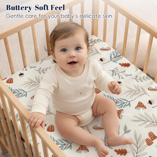 Image of PHF 3 Pack Soft Leaf&Mushroom Crib Sheets Fitted, Comfy Breathable Baby Sheets for Boys Girls, 28x52 Inches Fits Standard Crib and Toddler Mattresses, Leaf&Mushroom
