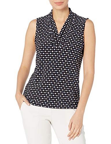 Anne Klein Women's Printed Triple Pleat TOP, Anne Black/Peacock Blue Combo, S