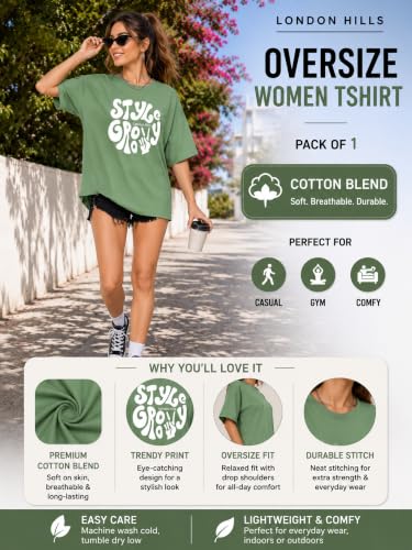 Image of London Hills Oversized Tshirt for Woman | t Shirt for Woman Oversized Fit Printed Round Neck | Tops for Woman's | Women t Shirt Loose Fit Drop Shoulder | t Shirts for Women | Western Tops