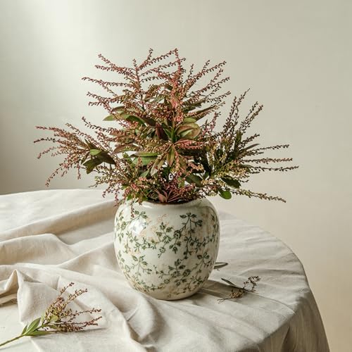 Image of Ceramic Flower Vase | Farmhouse Green Rustic Vase for Home Decor, Vintage Floral Pottery Tuscan Round Vase for Living Room & Kitchen, Mantel & Bookshelf, Centerpieces, Entryway, Wedding(6.7 Inch)
