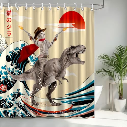 Image of Funny Cute Cat Shower Curtain, Japan Cat Dinosaur Surfing Ocean Sea Wave Fabric Shower Curtains Set, Japanese Art Shower Curtains with Hooks, Kids Bathroom Decor 72x72inch