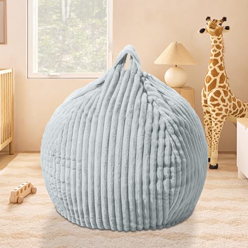 Image of HABUTWAY 2FT Bean Bag Chair, 2' Bean Bag Chairs with Memory Foam Filled, Small Comfy Beanbag Chair with Stripe Plush Cover for Living Room Bedroom Dorm,Light Grey