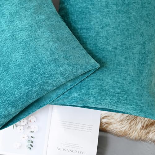 Image of CaliTime Pack of 2 Cozy Standard Pillow Shams Cases for Bed Bedding Decoration Solid Dyed Soft Chenille 20 X 26 Inches Lake Blue