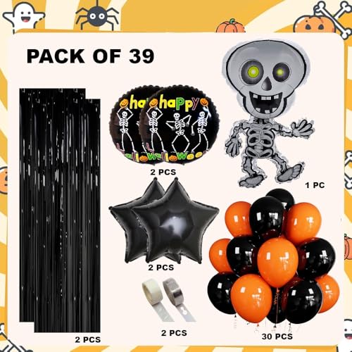 Image of Pop The Party Halloween Decoration Kit Pack of 39 | Skeleton Foil Balloon, Black & Orange Balloons, Round Foil Balloon & Fringe Curtain for Spooky Party Decor