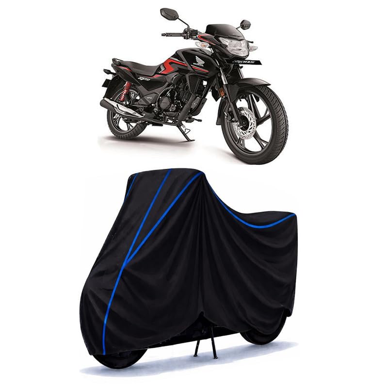Image of SP 125 CC Bike Cover Water Resistant Universal Motorcycle Rain | Heavy Duty UV Protection, Dust, Scratch Indoor Outdoor All Weather with Black Blue Piping Elastic
