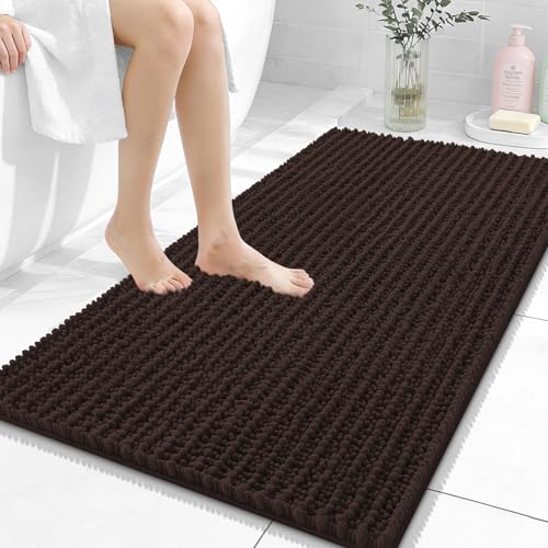 Image of OLANLY Bathroom Rug Mat 44x24, Thick Soft and Absorbent Chenille Bath Mat, Non-Slip Rubber Backing, Machine Washable Quick Dry Bath Rugs for Tub Shower Floor, Home Decor Accessories, Brown