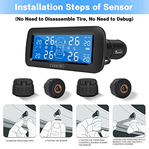 Careud Wireless Tire Pressure Monitoring System For Rv,Tpms With 4 External Wateproof Sensors(0-199Psi / 0-13.5Bar),6 Alarm Modes & Tire Pressure Real Time Monitoring (Cigarette Lighter Plug) #TOP7