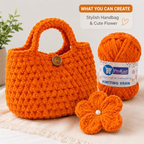 Image of ProKart Premium Blankie Chenille Yarn, Plush & Cuddly Supersoft Thick Wool Ball for Knitting & Crochet, Baby & Adult Blankets, Sweaters, Caps, Scarves & Throws, Dark Orange, 100g
