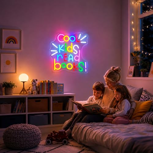 Image of Neon Sign, Gdbkabf Cool Kids Read Books Neon Signs for Wall Decor LED Light Up Signs Home Decor for Classroom, Bedroom, Reading Corner, Study Room, Library Decoration USB Operated