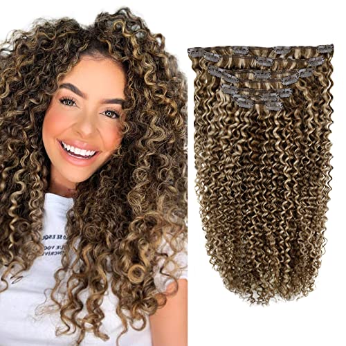 New Year Sale RUNATURE 10 Inch Curly Clip in Hair Extensions, Kinky Curly Hair Extensions Clip in Human Hair Medium Brown Mix Caramel Blonde Clip on Kinky Curly Hairpiece 100g