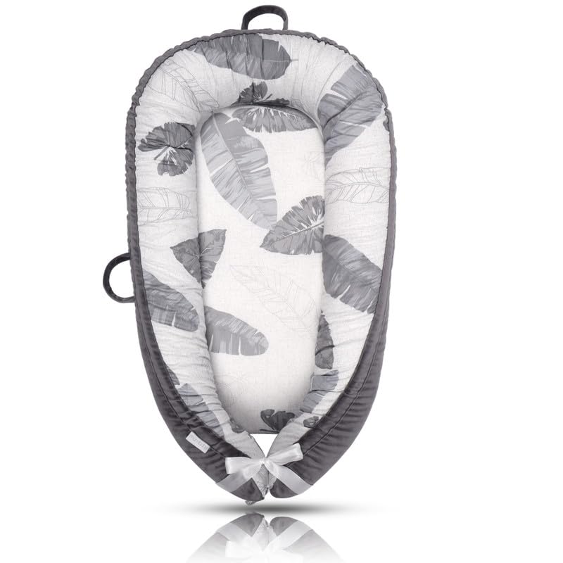 Image of JOCUTE Baby Lounger - Baby Lounger for Newborn 0-24 Months, Ultra Newborn Babies Essentials Gifts, Baby Snuggle Nest Me Baby Lounger, Lightweight Infant Baby Lounger Cover (Grey Leaves)