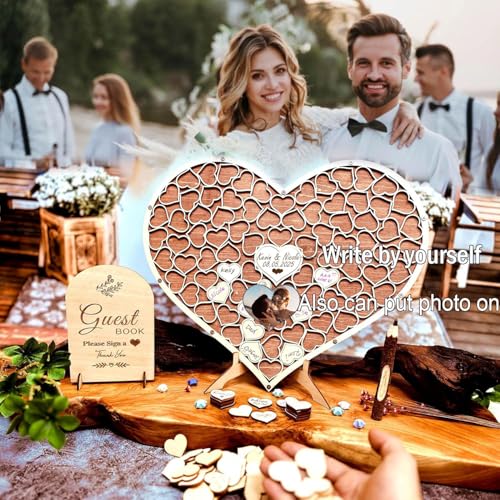 Image of Wedding Guest Book Unique Wooden Heart Alternative GuestBook Bridal Shower Wedding Decoration with 83 Wooden Hearts 1 Sign Pen Set (Reddish Brown)