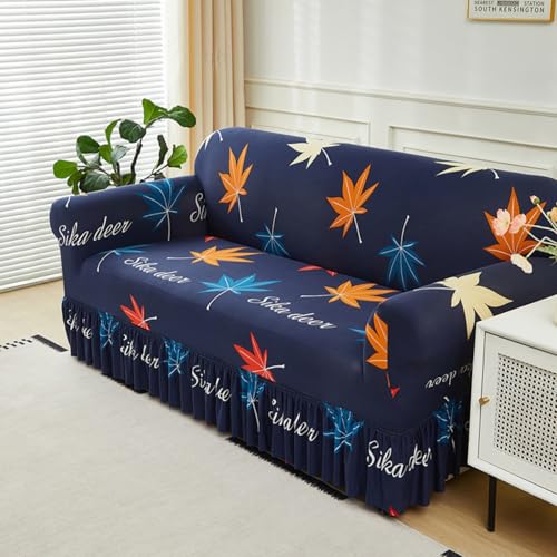 Surwin Stretch Sofa Cover 1 2 3 4 Seater, Blue Sofa Slipcover with Skirt Elastic Fit Non Slip Couch Cover Washable Thick Furniture Protector for Living Room Pets Cats (Maple leaves,3 Seater)