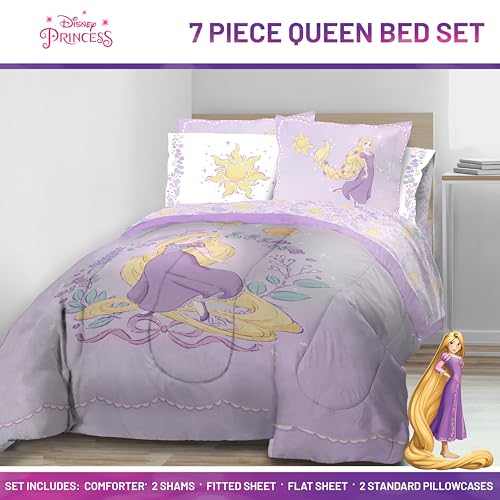 Image of Disney Princess Rapunzel Queen Comforter Set 7 Piece Kids Bedding, Purple | Bed in a Bag, Comforter Sheets Shams Pillowcases, Official Brand, Soft Microfiber, Machine Washable, Girls Gift